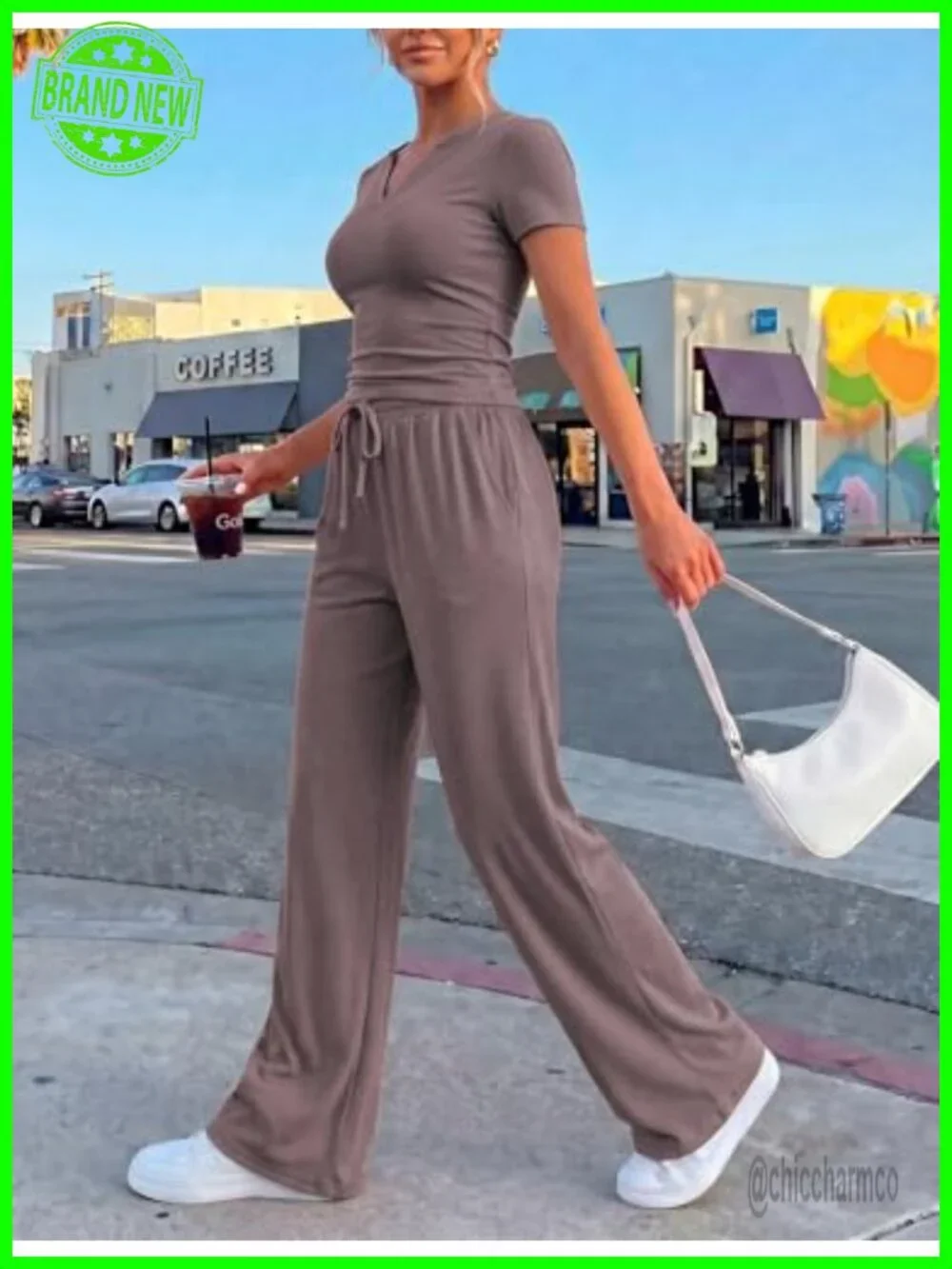 2 Piece Lounge Sets Women Summer Travel V Neck Top Wide Leg Pants